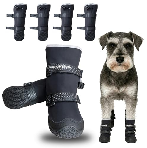 Wanderpfote Hundeschuhe im 4er-Pack – Wasserdichter Pfotenschutz für draußen mit Anti-Rutsch-Sohle, kuscheligem Fleece & reflektierenden Details (Schwarz, 5)