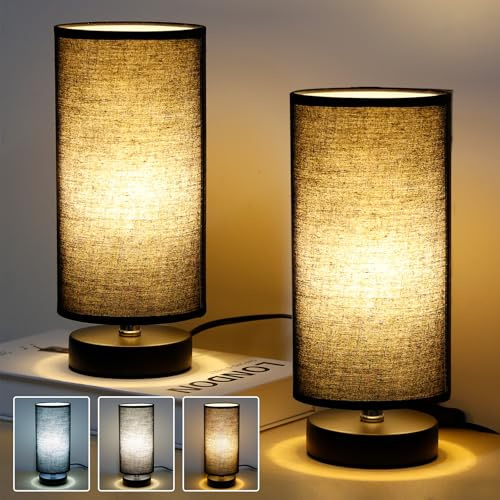 PORFOYO Nachttischlampe Touch Dimmbar 2er Set, Nachttischlampe, Tischlampe Modern mit Kabelschalter, Tischlampe Klein für Schlafzimmer, Wohnzimmer, Büro, Stoffschirm schwarz