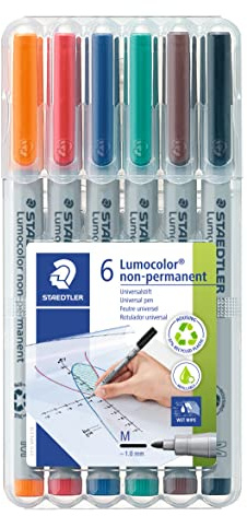 STAEDTLER Lumocolor 315 Non-Permanent – 6er-Box, M, 1,0 mm | Wasserlöslicher Folienstift, abwischbar – Universalstift für Folien – Art.-Nr. 315 WP6