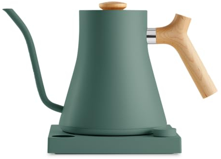 Bollitore elettrico a collo di cigno Fellow Stagg EKG - Teiera e caffè pour-over sopra, acciaio inox, riscaldamento rapido, EU, verde fumo con impugnatura in legno d'acero, 0,9 litri
