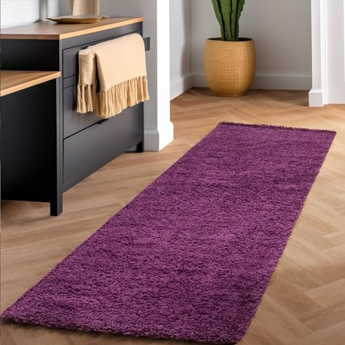 SIMPEX Shaggy Hochflor Teppich, 80x250 cm, Lila, weich, flauschig, modern, einfarbig, Für schmale Räume oder Küche, für Wohnzimmer Schlafzimmer Flur
