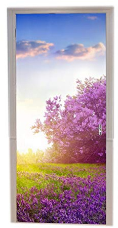 A.Monamour Türtapeten Selbstklebend 3D Frühling Lila Bäume Lila Blüten Garten Feld Natur Landschaft Türtapete Türposter Tapete 77x200cm