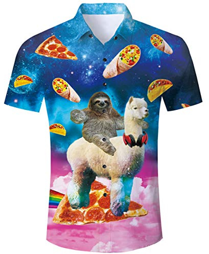 TUONROAD Funny Button Shirt 3D Pizza Alpaca Mens Hawian Shirts Short Sleeve Holiday Shirts for Men Spring Summer Casual XXL
