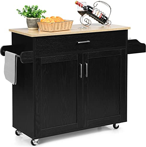 GOPLUS Desserte à roulettes avec Plan de Travail en Bois, 116x40x85CM, Desserte Cuisine avec Armoire à Étagère 2 Niveaux Réglables et Tiroir, Chariot de Service avec Porte-Serviettes Latéral, Cuisine