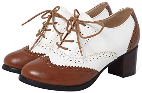 SHEMEE Women's Retro Wingtip Block Heel Lace Up Oxfords Stacked Chunky High Heels Pumps Vintage Round Toe Brogues Dress Shoes(Brown White, US 10)