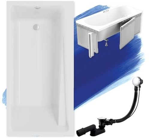 Baignoire originale BADLAND Elza - En acrylique - Blanc - 170 x 75 cm - Kit complet avec revêtement en polystyrène de qualité supérieure + pieds et bonde automatique chromée exclusive - Fabriqué en UE