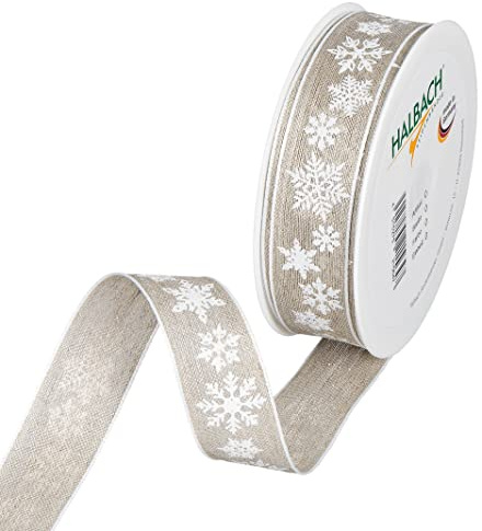 Halbach Leinen-Druckband mit Schneesternen, 25 mm x 15 m, leinen/weiß | Leinen-Druckband mit formbaren Drahtkanten, Made in Germany, für Weihnachtsdekoration