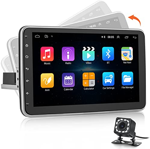 NHOPEEW Single Din Android Car Stereo, 10 Pouces écran Tactile Rotatable Autoradio Bluetooth GPS Navigation WiFi SWC Mirror Link + caméra de recul et Microphone
