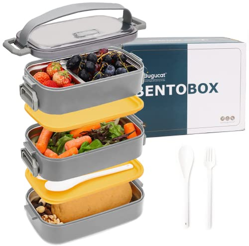 Bugucat Lunchbox Edelstahl 1700ML,Bento Box Brotdose Auslaufsicher Luftdichte Brotzeitbox mit Fächern und Besteckset,Frühstücksbox Jausenbox für Unterwegs,Brotbüchse Vesperdose für Erwachsene