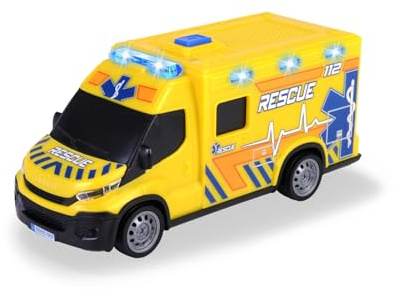 Dickie Toys – Iveco Daily ambulans (gul, 18 cm) – räddningsfordon med ljus, ljud och leksakstillbehör (inklusive batterier), leksaksbil för barn från 3 år