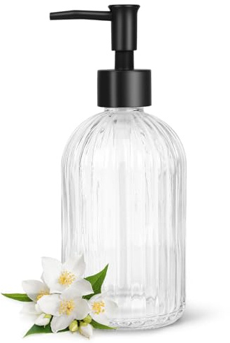 Topsky Glass Soap Dispenser with Black Plastic Pump, 400ml Transparent | Refillable Liquid Hand Soap Dispenser, Rustproof Pump for Kitchen & Bathroom, Great for Lotions, Essential Oil, Liquid Soaps