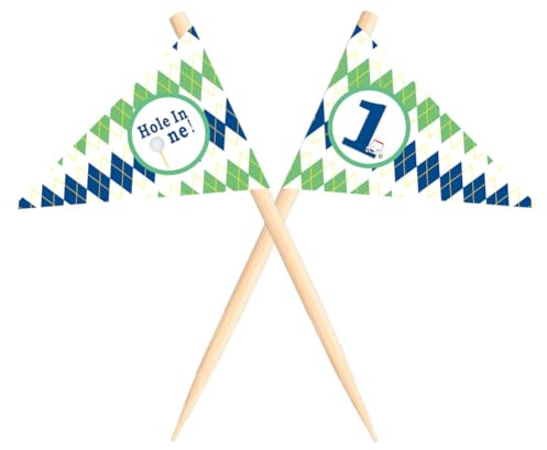 VOWFOO Golf Themed Toothpick Flags, 20 PCS Hole In One 1st Birthday Golf Cocktail Picks Mini Stick Cupcake Toppers Flags for Baby 1st Birthday Party Food Bar Decorations (Plaid Pattern Hole In 1)