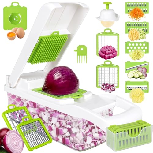 Gemüseschneider Manuell, 15 in 1 Gemüsehobel mit 7 Austauschbare Klingen, Vegetable Chopper, Gurkenhobel Karotten Schneider für Hobeln Von Obst Gemüse, Karotte, Zwiebel, Knoblauch