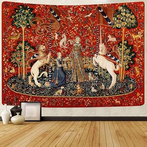 STCREE Mittelalterlicher Wandteppich - Europäische Königliche Tapisserie, Dame und Einhorn für Schlafzimmer, Wohnzimmer, Wohnheim - Dekoration, Wandbehang, 203 x 152