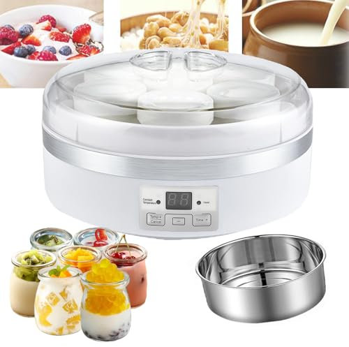 Yogurtera Completamente Automática, Máquina Para Hacer Yogurt de 1.7L con 7 Vasos de Vidrio Para Servir, Temporizador con Pantalla Lcd, Operación Simple de Fácil Limpieza Para Hacer Postres Caseros