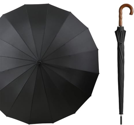 KTREZ Golfschirm 119 cm große Regenschirme 16 Rippen winddicht Automatik offen verstärkter langer Griff Regenschirm, Erhöhung Anti starker Wind gekrümmter Griff gerade schwarz