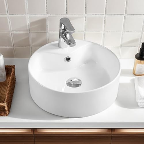 NUESTRA VIDA Lavabo Rotondo 41x41x14,5cm, Ceramica con Foro per Rubinetto e Troppopieno, Lavandino Bagno Lavanderia Piccolo Lavabo per Toilette Ospiti Lavabo da Appoggio Bianco