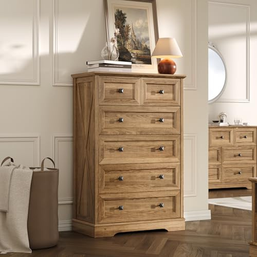 FFBCFDK Farmhouse 6 Drawers Dresser Chests for Bedroom, Rustic 6 Chest of Drawers, Wood Dressers Organizer for Closet, Modern Storage Organizer Cabinet for Living Room, Hallway, Entryway, Natural Oak