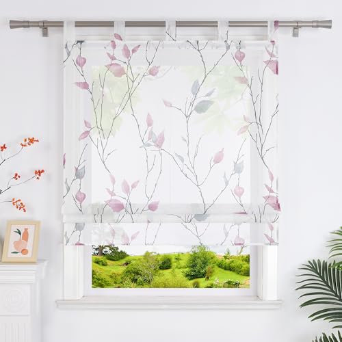 Heichkell Raffrollos ohne Bohren Transparente Raffgardine Gardine mit Blätter Druck Elegant Vorhang Raffrollo mit Schlaufen Violett BxH 120x140 cm