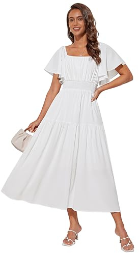 GRACE KARIN Women Casual Short Sleeve Square Neck Summer Dress Flowy Maxi Dress for Wedding Guest White L