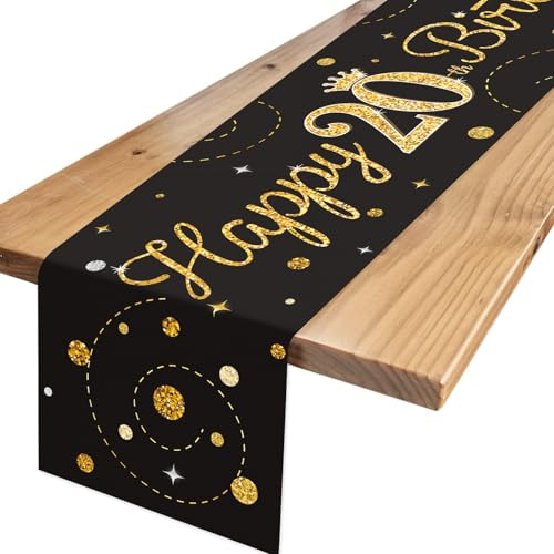 Tischläufer 20. Geburtstag Schwarz Gold, Tischdecke 20 Geburtstag mit Konfetti, Happy 20 Birthday Tischläufer zum Geburtstag, Tischdeko Geburtstag für Junge Mädchen 20 Geburtstagsdeko, 180 x 35 cm