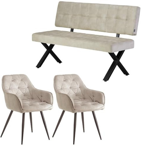 B&D home Sitzgruppe Elen Esszimmerbank 140cm gepolstert mit Rückenlehne, mit 2 Stühle für Esszimmer, Industrial modern Design | Samt Grau, 11505-140-GRAU