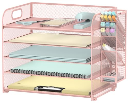 SUPEASY 5 Tier Schreibtisch Organizer mit Griff abnehmbare Stifthalter, Mesh Papier/Datei Organizer für Schreibtisch, Papier Brief Tray Organizer für Bürobedarf (Rosa)