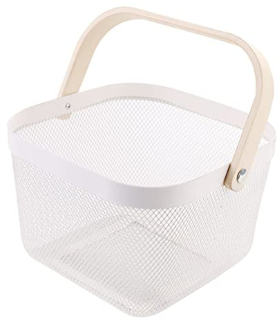 TOPBATHY Panier de Rangement en Fer Forgé Organise Fruits et Accessoires Cuisine Blanc Design Creux Élégant Poignées en Bois pour Comptoir Solide et Pratique