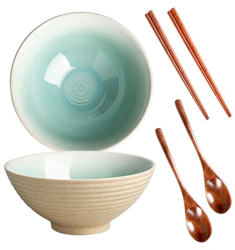 Ramen Schüssel Set mit 2 (1200 ml) – Keramikschalen mit Löffeln und Essstäbchen für Nudeln, Suppe, Salat, Müsli, Snacks, Mikrowellen- und Spülmaschinenfest (weiß, grün)