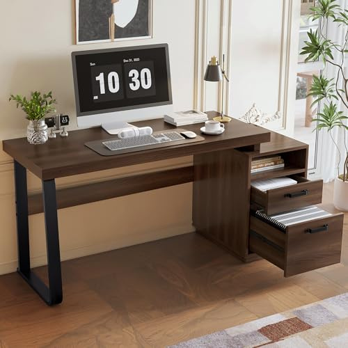 Einfacher Büroschreibtisch, MDF und hochwertiges Stahlrohr, geräuschlose Schublade, Ordnerschublade, spritzwassergeschützte, geräumige Schreibtischplatte, effiziente Aufbewahrung, braun (161 x 54 cm)