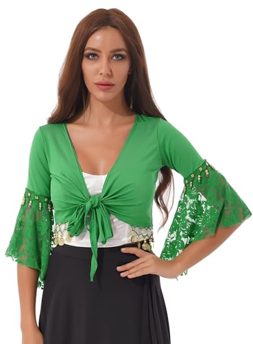 Hansber Costume da Danza del Ventre per Donne Top Manica A Tromba Blusa Corta Maglietta da Ballo con Pizzo Frange Nappe Top Avvolgente Senza Pancia Legatura Frontale Verde L