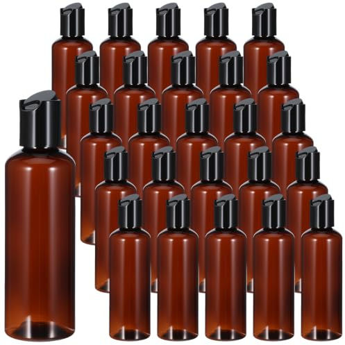 25 Pcs 3.5oz Plastic Squeeze Bottles with Disc Top Flip Cap Empty Amber Refillable Containers Small Travel Toiletry Bottles for Lotion Shampoo Oil Body Soap Creams