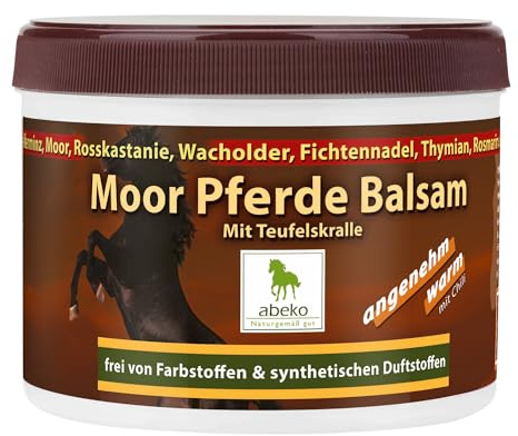 abeko Moor Pferde Balsam mit Teufelskralle hochdosiert, wärmend, mit Rosmarin, Pfefferminze, Rosskastanie, Thymian, DIREKT VOM HERSTELLER; zur lokalen Pflege von Muskeln und Gelenke (500 ml)