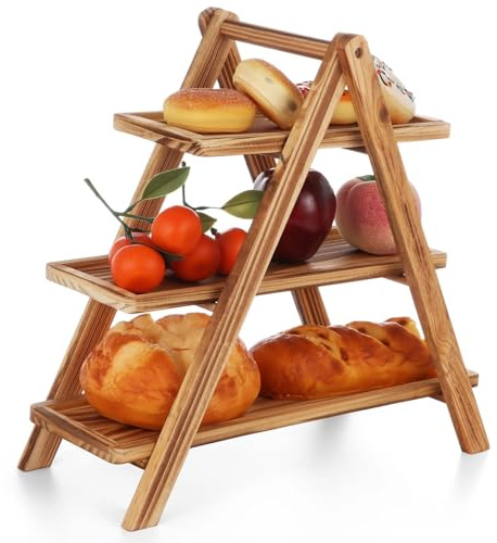 Présentoir à dessert rustique à 3 étages en bois pliable pour cupcakes, plats de service de ferme pour collations, charcuterie et travaux manuels