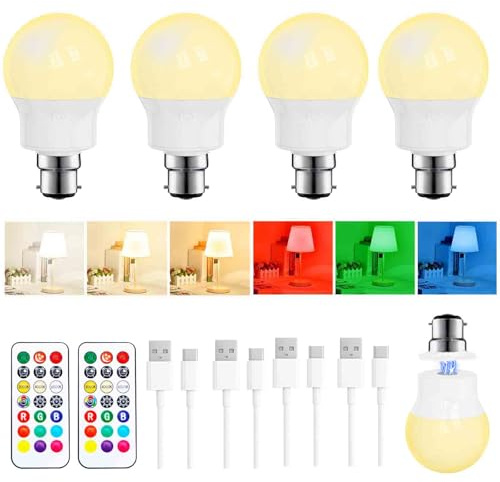 Ampoule LED Rechargeable avec Télécommande, Ampoule Sans Fil Magnétique B22 Dimmable 480LM, 3 Températures de Couleur + 9 Couleurs RGB, 3 Timer, pour Lampes Murales, Camping & Urgence, Lot de 4