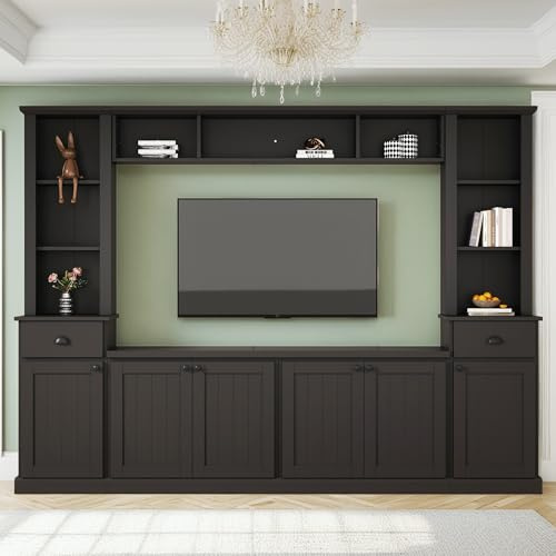 Merax Minimalist 103 Entertainment Wall Unit Set with Overhead Bridge for TVs Up to 75, Modern Large Media Console with Adjustable Shelves, Ample Storage Cabinets & Drawers for Living Room, Black