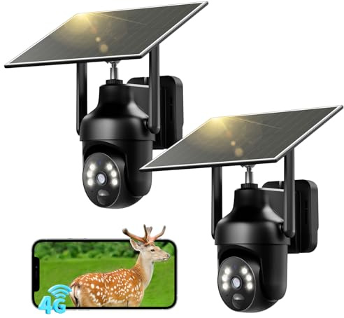 SEHMUA 4G LTE Cámara Vigilancia Exterior Solar con SIM, 【2 Unidad】 2K 3MP Camara 4G Sin Cable con Batería y Panel Solar PTZ 355°/100°, Visión Nocturna Colorida, Detección De Movimiento