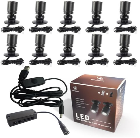 FOROUREYES Mini-LED-Strahler, USB-Kit mit 10 dimmbaren Strahlern aus Aluminiumlegierung, Warmweiß 3000K, Drehbare Vitrinenbeleuchtung für Schrank, Zuhause, Restaurants, Display