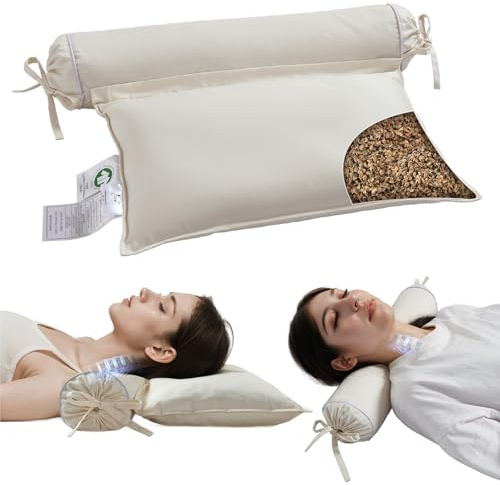 LOFE Buckwheat Pillow - 2IN1 Buckwheat Hull Pillow, Tartary Buckwheat Neck Roll Pillow for Superior Support, Adjustable Cervical Neck Pillow for Side, Back, Stomach Sleepers, Organic Cotton Pillowcase
