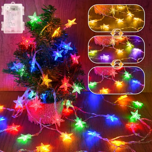 FFZZKJ Christmas Lights Battery Operated Star Fairy Lights with Timer/Colour Changing/12 Modes, IP44 Waterproof Indoor Outdoor for Christmas Decorations, 3M/10Ft 20LED, Warm White&Multi-Coloured