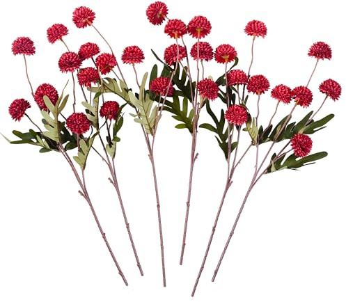 SITUMEIZI Red Faux Silk Pompon Mum Artificial Red Flowers Fake Mini Chrysanthemum Flowers Mums 6Pcs for Christmas Home Party Wedding Decorations