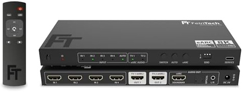 FeinTech AX341 HDMI 2.1 eARC Splitter Switch 4 in 2 Out with Audio Extractor (eARC Soundbar, Toslink & AUX), 8K 60Hz, 4K120Hz, Downscaler