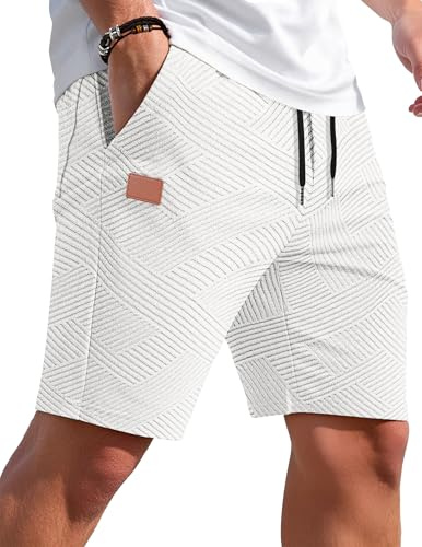 TARAINYA Texture Short Homme Coton Été Cordon Casual Court M-4XL | 50%coton 45%polyester 5%élasthanne,plage,regular fit,taille élastiquée avec cordon de serrage