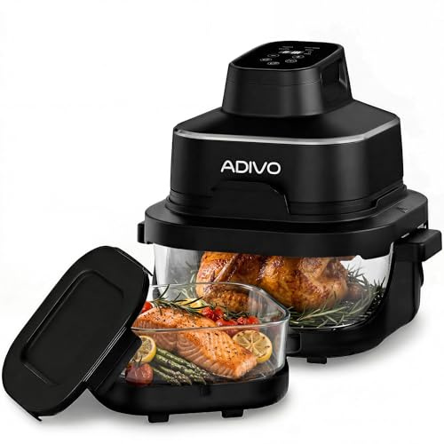 ADIVO Freidora de Aire Vidrio 4L/1.5L,1500W,Tazón de Vidrio Visual,Doble Capacidad,4 Modos, Sin Aceite ni Recubrimiento,Apta para Lavavajillas,Portátil para Camping/Oficina,Cocina Sana y Rápida