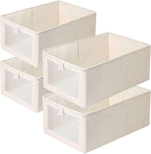 Wardrobe Storage Organiser Foldable - 4Pcs Drawer Organiser Clothes Fabric Storage Boxes Bin with Clear Window Shelf Stackable Clothing Storage Boxes for Underwear Jeans Pants Shirts Leggings Toy