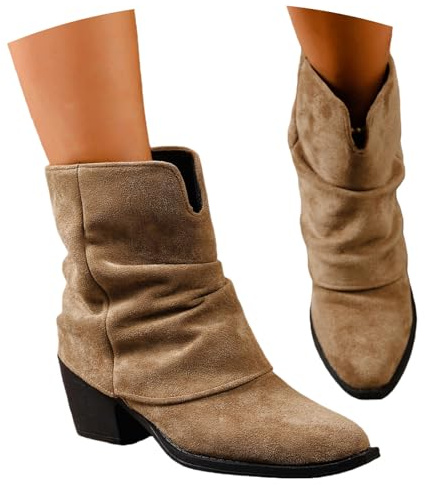 Retro Mocka-ankelboots Western Cowboystövlar Till Halva Vaden For Damer Breda Skaft Ankelstövlar Med Blockklack Moderna Spetsiga Stövlar Slip-on Ankelskor For Country/rodeo(Beige,38 EU)