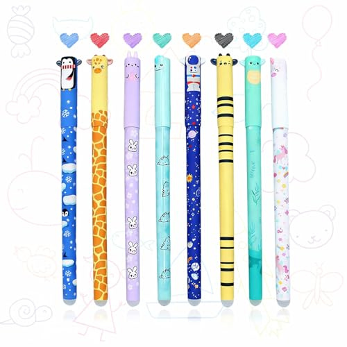 YOKJGHDO 8 Stück Radierbare Stifte Set für Mädchen Jungen Niedliche Tier Motive Gelstifte Radierbar Löschbare Tintenroller Radierbarer Kugelschreiber für Schule Büro Schreibwaren Geschenk
