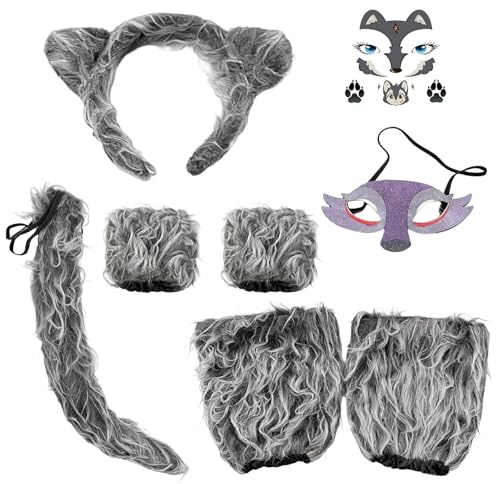 Wolf Kostüm Kinder, Plüsch Karneval Kostüm Jungen Mädchen, Wolfsohren und -schwanz Maske Beinstulpen fingerlosen Handschuhen, Wolfs-Gesichtstattoo– Tierkostüm für Halloween Party Cosplay (Lockige)