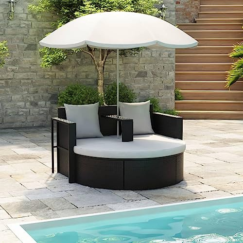 IBUQDDV Gartenbett mit Sonnenschirm Braun Poly Rattan Lounge Set für Outdoor Terrasse Gartenmöbel mit abnehmbaren Kissen und Fußhocker
