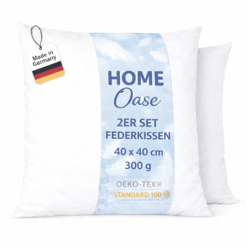 Home Oase Federkissen 40x40 cm (2er Set) - Kopfkissen mit 100% Federfüllung und Bezug aus Bauwmolle, Oeko-Tex Zertifiziert, perfekt für Allergiker und Kinder, 300 g Füllung